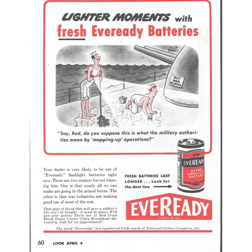 1944 Eveready Batteries Vintage Print Ad Navy Ship Guns WW2 Militaria Wall Art